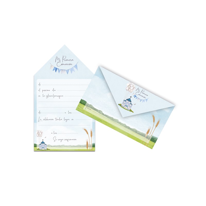 Pack de 10 Invitaciones Sobres de Comunión Celeste Pack de 10 Invitaciones Sobres de Comunión Celeste