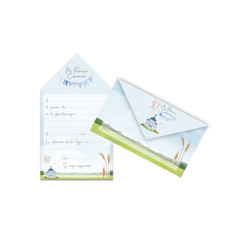 Pack de 10 invitaciones sobres de comunión celeste