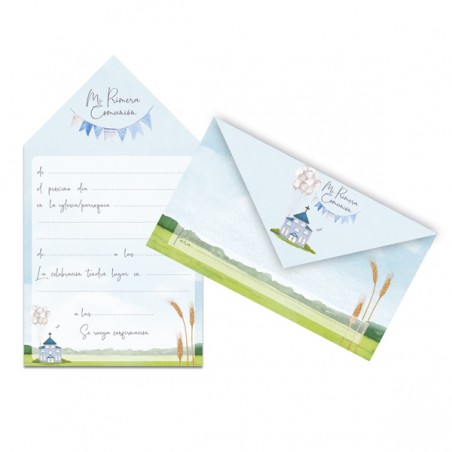 Pack de 10 Invitaciones Sobres de Comunión Celeste
