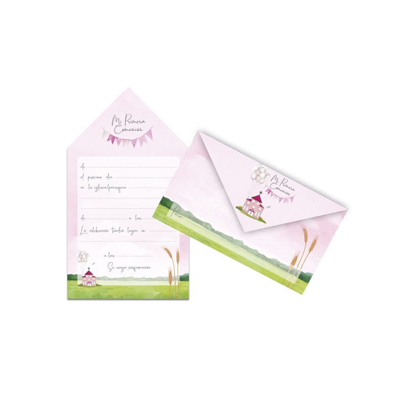 Pack de 10 invitaciones sobres de comunión rosa