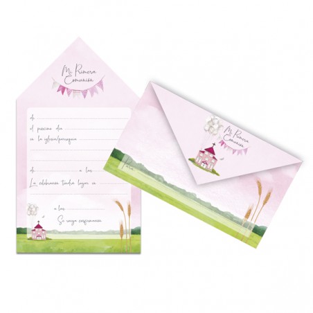 Pack de 10 invitaciones sobres de comunión rosa