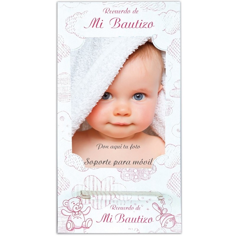 Soporte para Móvil Bautizo en Tonos Rosas con Espacio para Dos Fotografias Soporte para Móvil Bautizo en Tonos Rosas con Espacio para Dos Fotografias