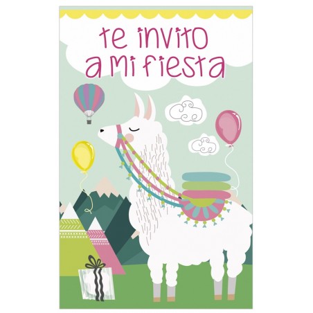 Pack de 8 invitaciones Cumpleaños Modelo Llama