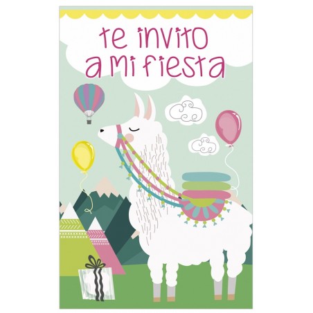 Pack de 8 invitaciones cumpleaños modelo llama