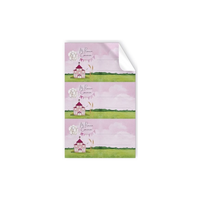 Pack de 9 adhesivos de comunión iglesia rosa