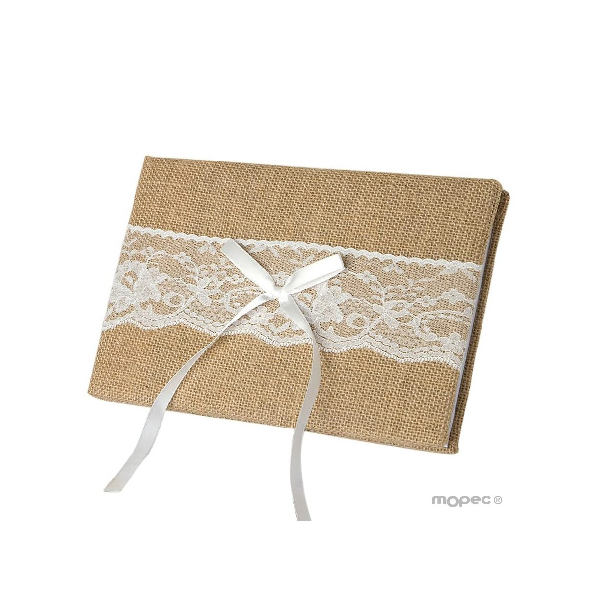 Libro de firmas con yute y puntilla en caja de regalo 25x16cm.(74pag)en caja regalo