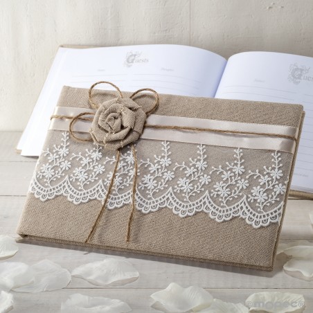 Libro de firmas para boda de yute y puntilla