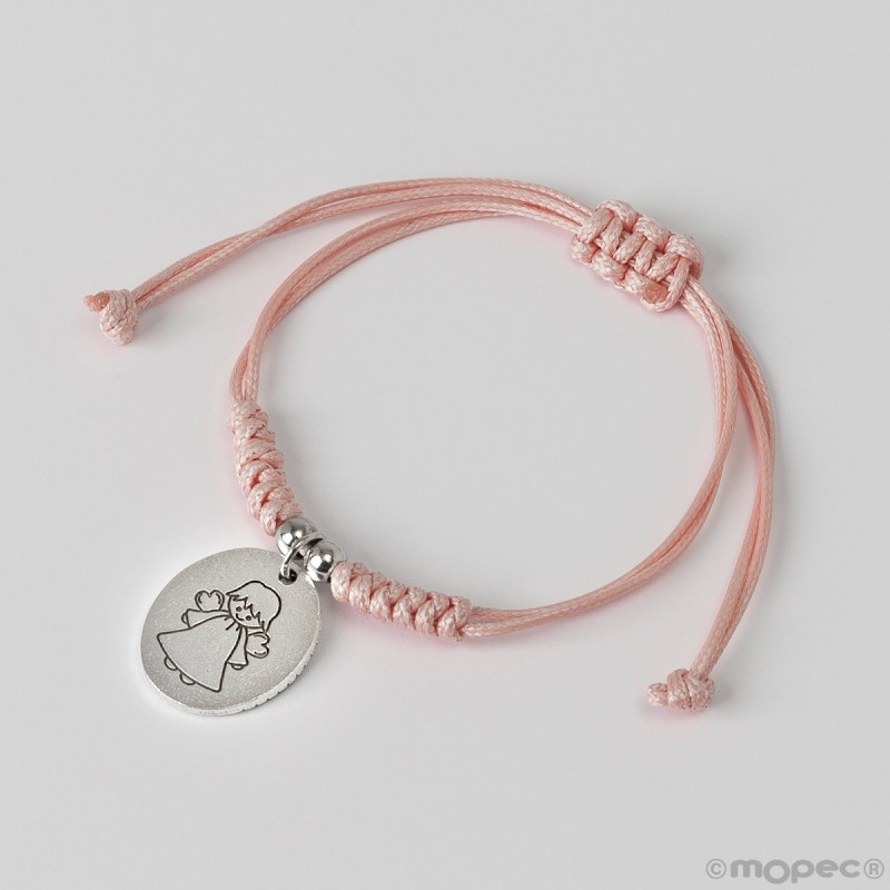 Pulsera de cordón rosa con medalla ángel de la guarda