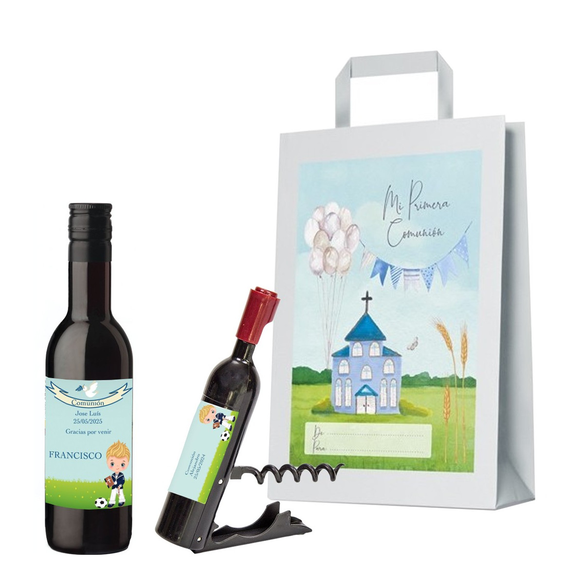 Botella comunión de vino y sacacorchos personalizados con nombre de invitado nombre niño y fecha en bolsa de regalo comunión