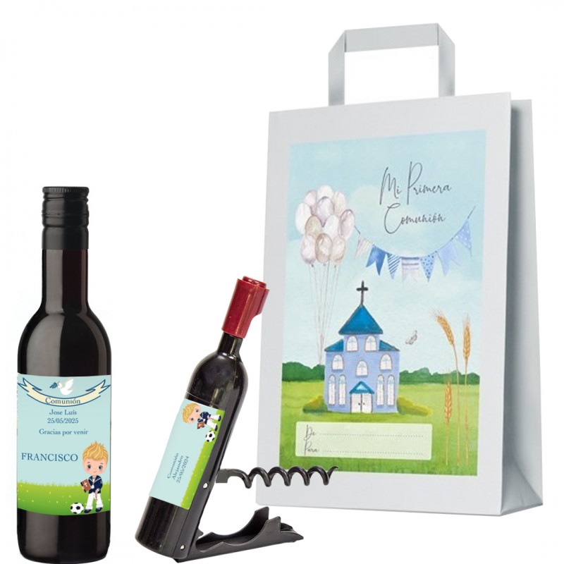 Botella comunión de vino y sacacorchos personalizados con nombre de invitado nombre niño y fecha en bolsa de regalo comunión