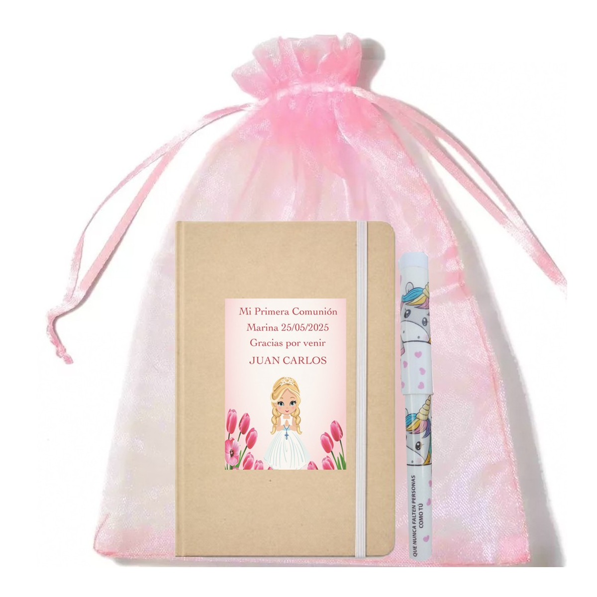 Libreta personalizada con nombre de invitada y bolígrafo en bolsa de organza