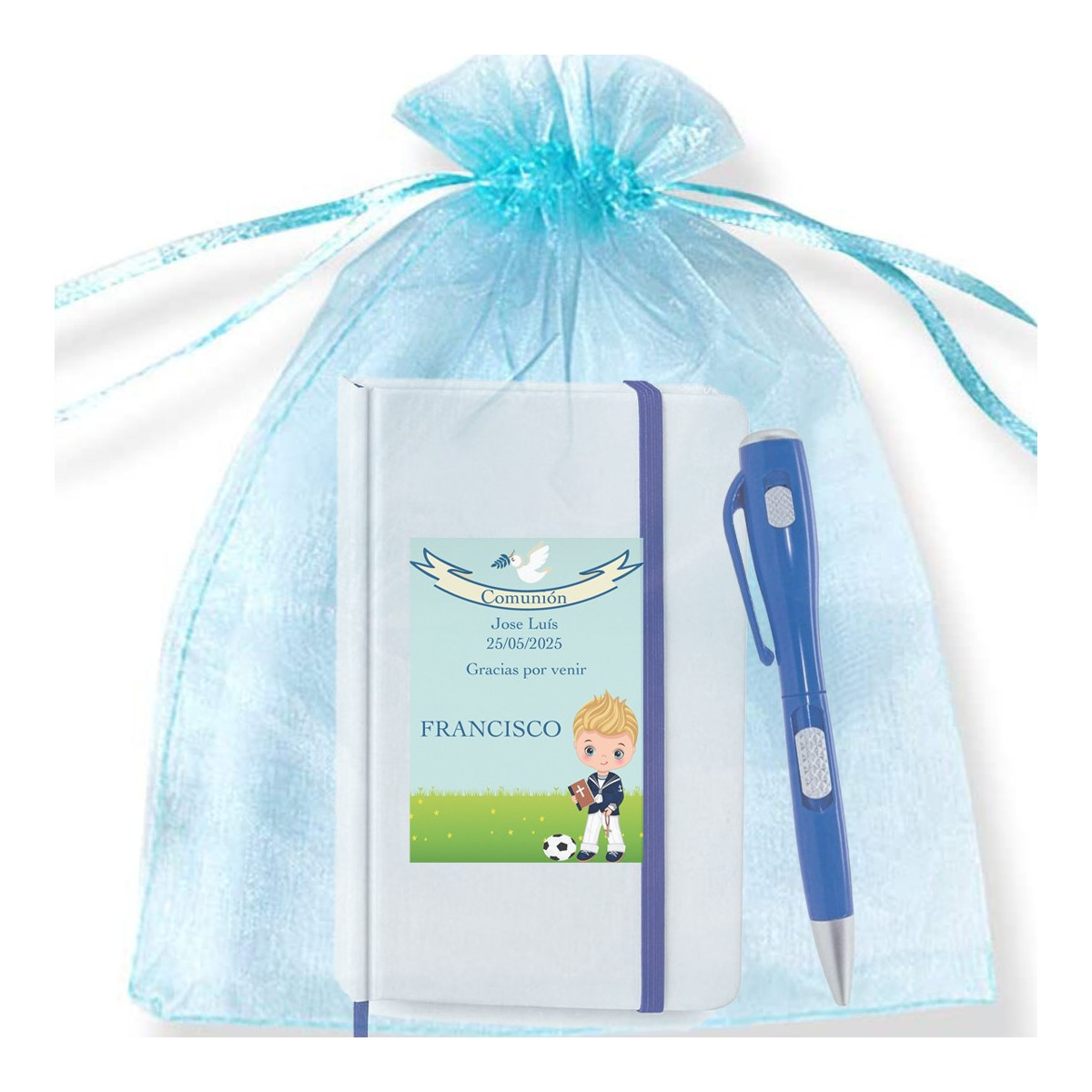 Libreta personalizada con nombre de invitado con bolígrafo linterna en bolsa de organza