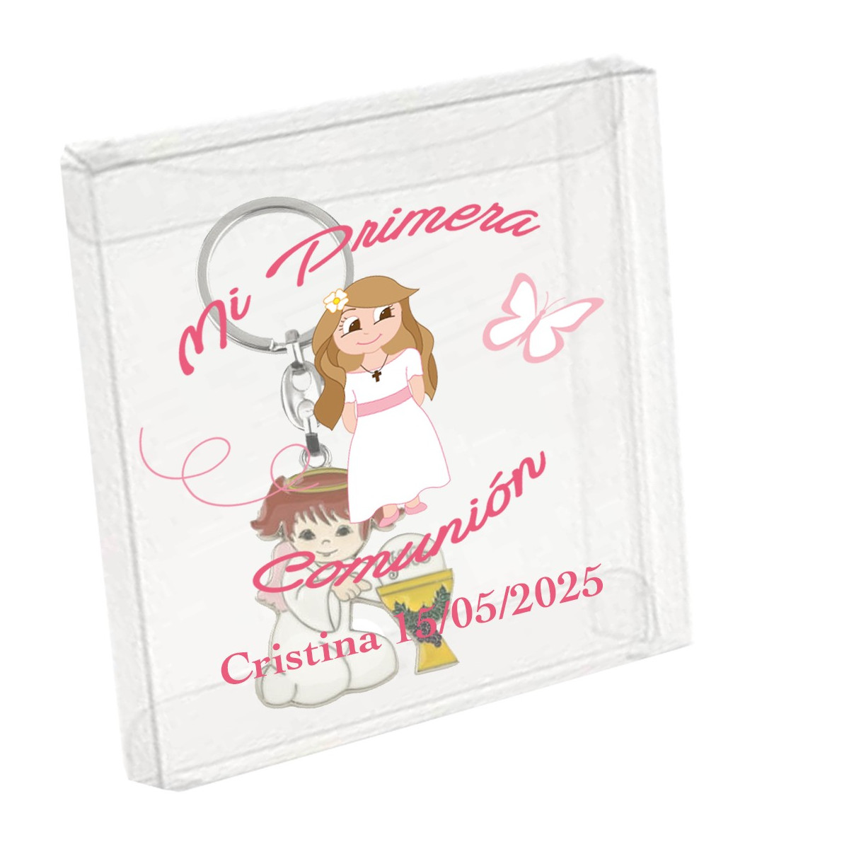 Llavero niña comunión presentado en caja de acetato personalizado con nombre y fecha