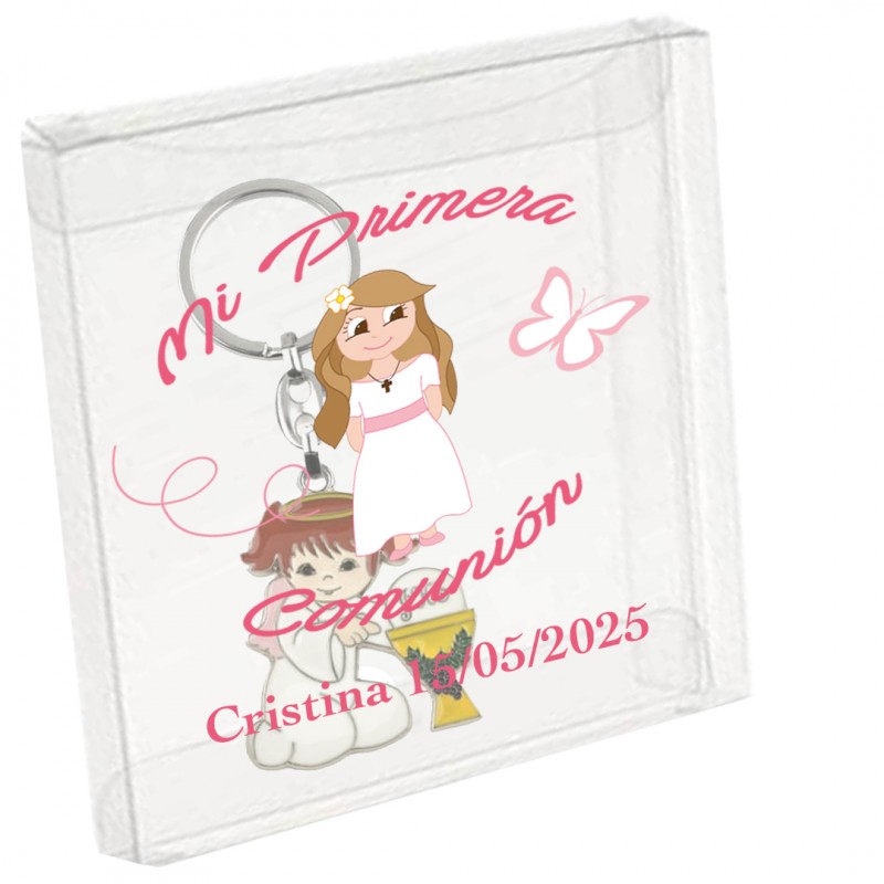 Llavero Niña Comunión Presentado en Caja de Acetato Personalizado con Nombre y Fecha Llavero Niña Comunión Presentado en Caja de Acetato Personalizado con Nombre y Fecha