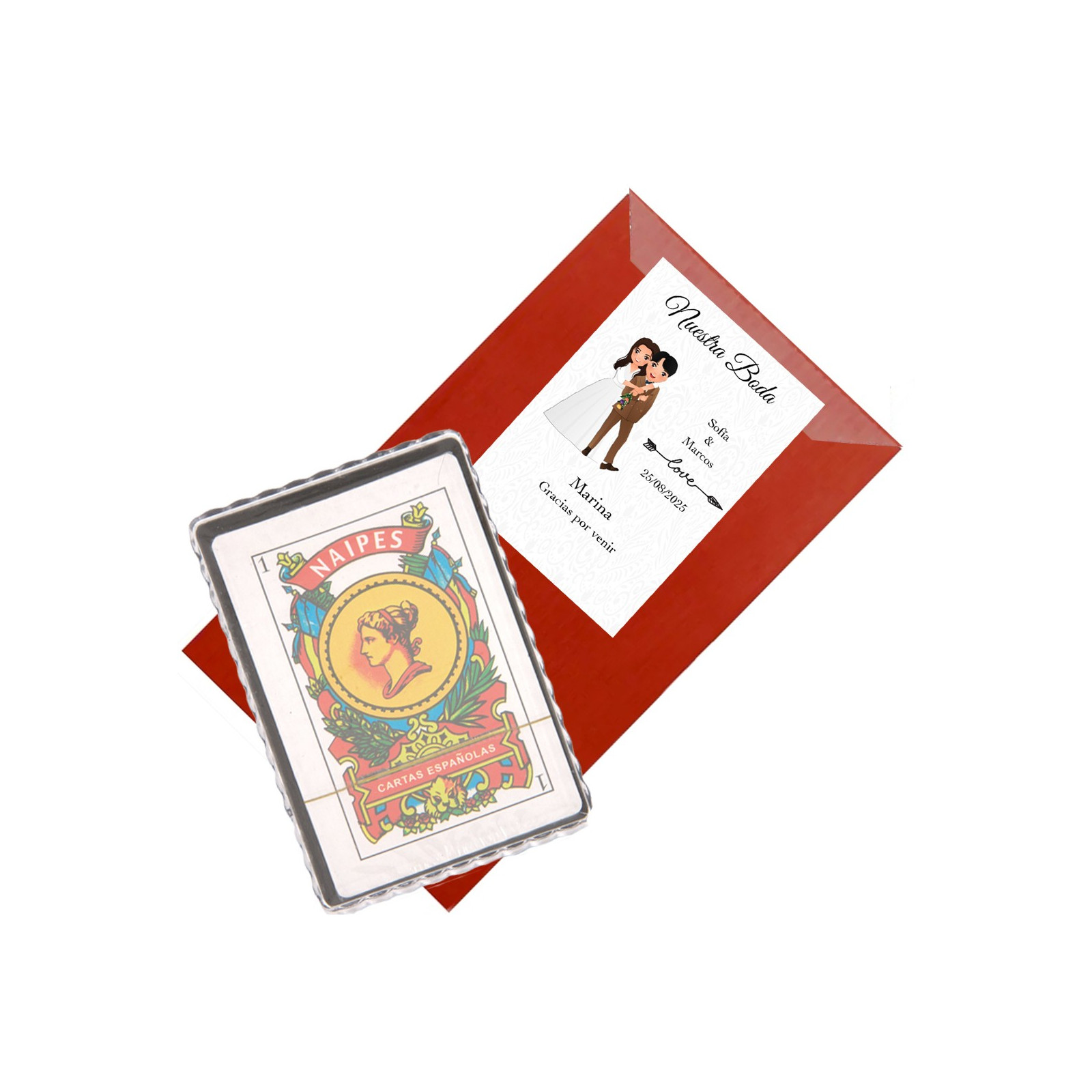 Baraja española en sobre kraft con nombre de invitado personalizada