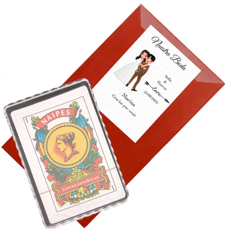 Baraja española en sobre kraft con nombre de invitado personalizada