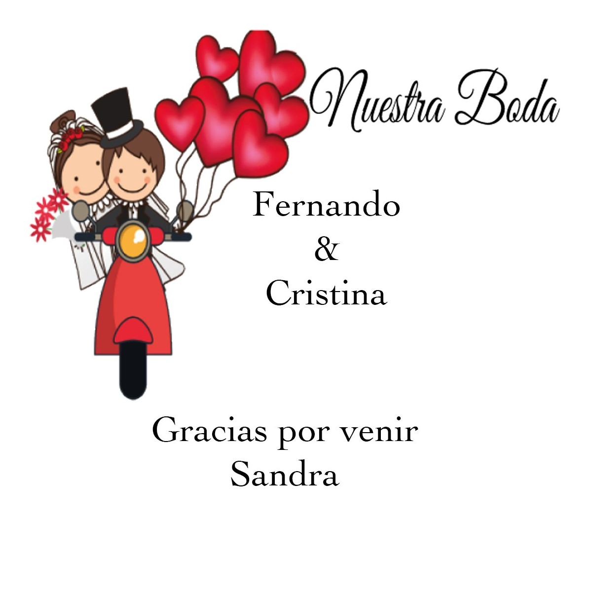 Adhesivo cuadrado con nombre de invitado nombre de los novios fecha y dedicatoria