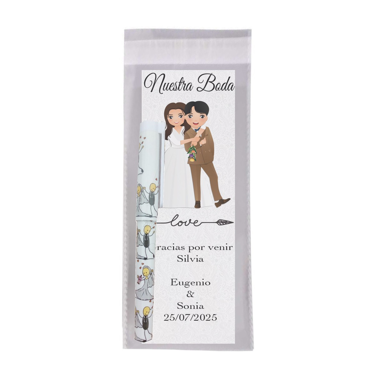 Marcapáginas con nombre de invitado y frase de agradecimiento con bolígrafo boda presentado en bolsa transparente
