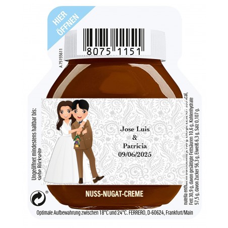 Marcapáginas con nombre de invitado y frase de agradecimiento con mini nutella personalizada con nombre de novios