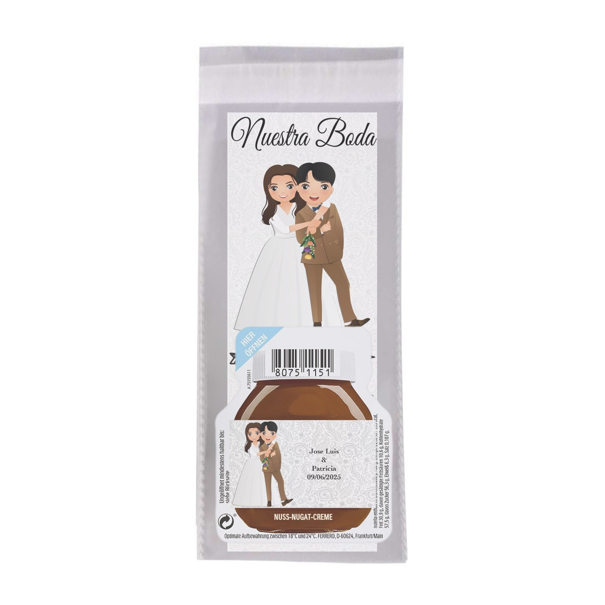 Marcapáginas con nombre de invitado y frase de agradecimiento con mini nutella personalizada con nombre de novios