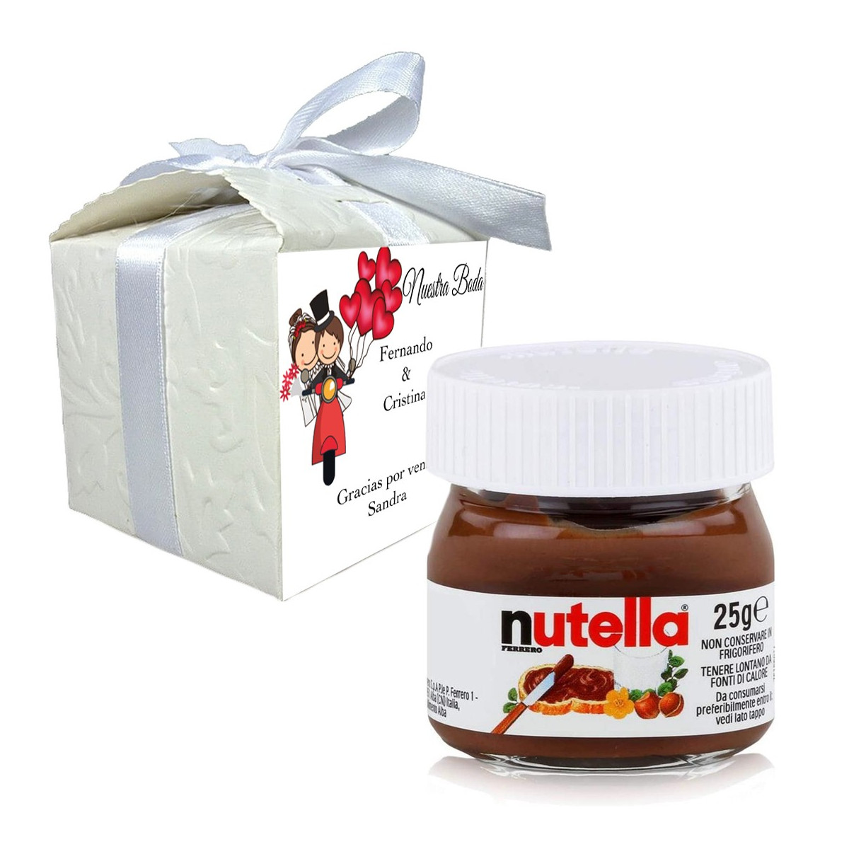 Nutella en caja de regalo personalizada con nombre de invitado y frase de agradecimiento