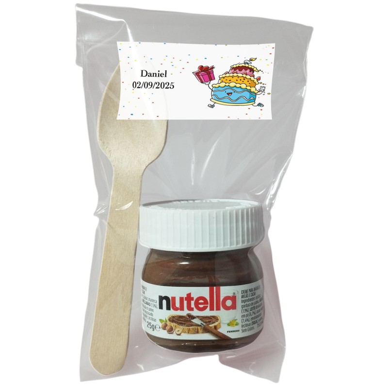 Nutella para cumpleaños con cuchara en bolsa transparente personalizada con adhesivo