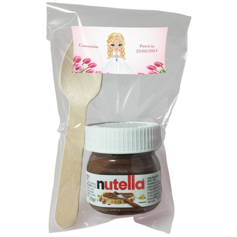 Nutella con Cuchara en Bolsa Transparente Personalizada con Adhesivo Niña Comunión Nutella con Cuchara en Bolsa Transparente Personalizada con Adhesivo Niña Comunión