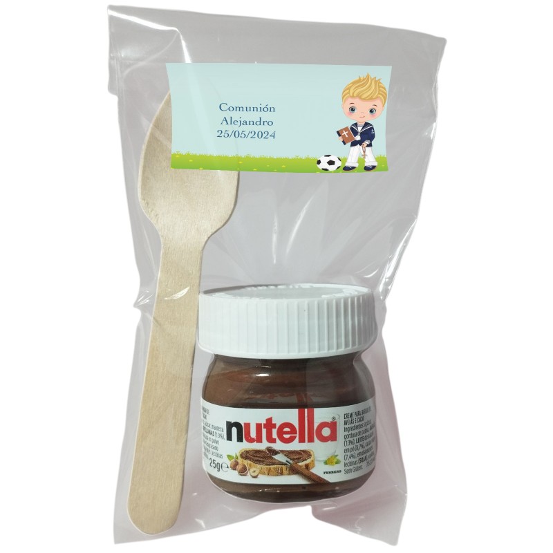 Nutella para Comunión Niño con Cuchara en Bolsa Transparente Personalizada con Adhesivo Nutella para Comunión Niño con Cuchara en Bolsa Transparente Personalizada con Adhesivo