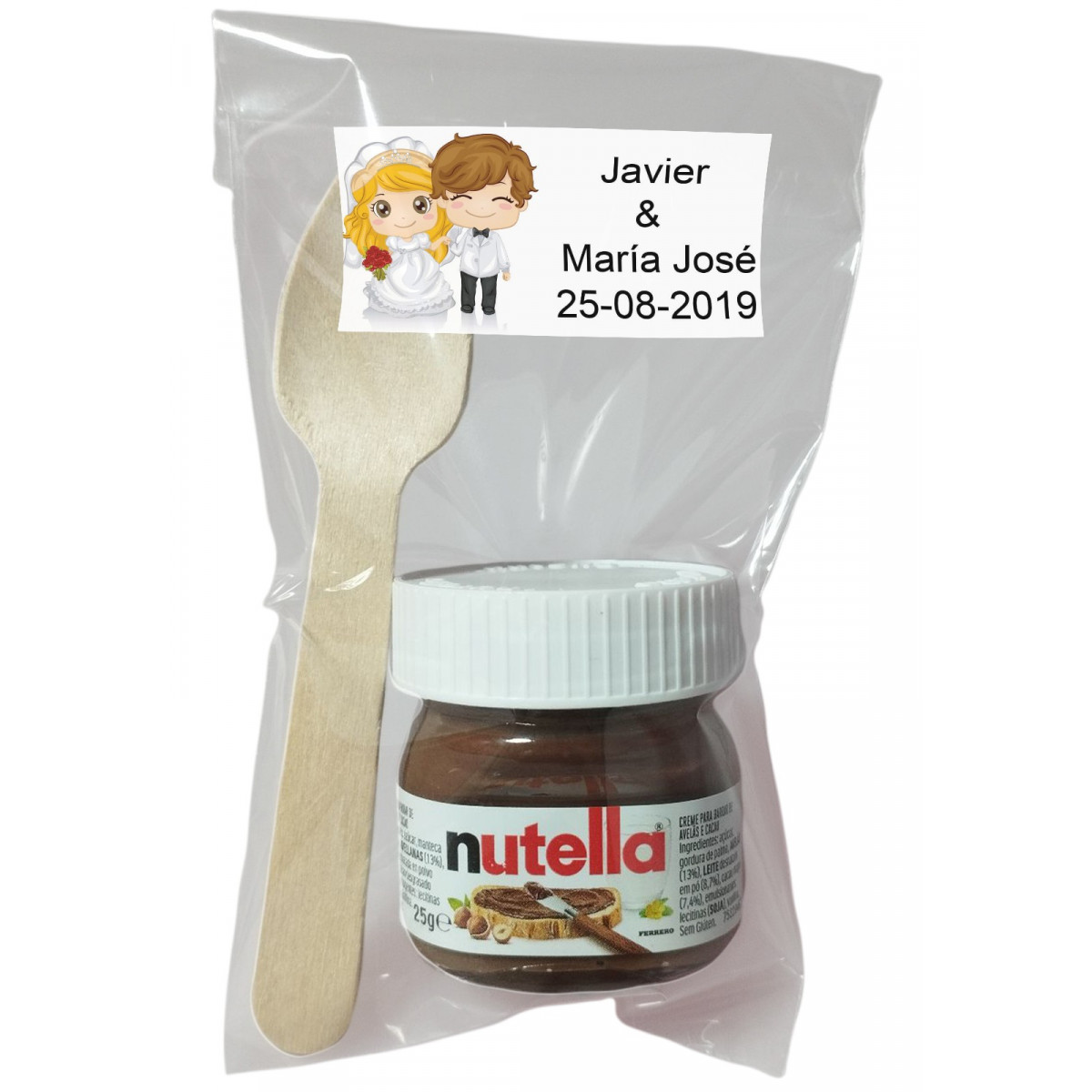 Nutella para boda con cuchara en bolsa transparente personalizada con adhesivo
