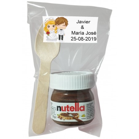 Nutella para Boda con Cuchara en Bolsa Transparente Personalizada con Adhesivo