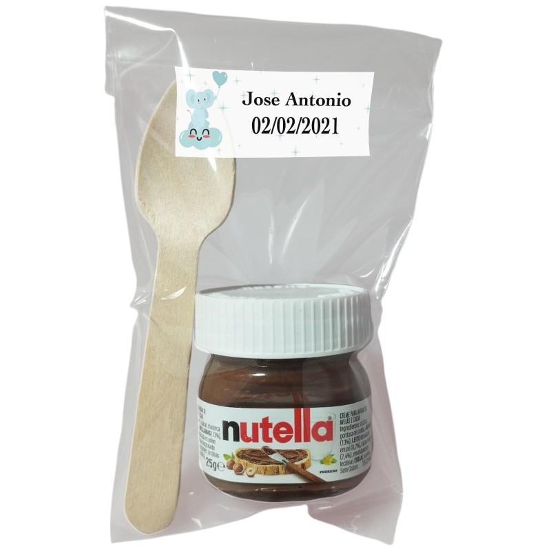 Nutella para bautizo con cuchara en bolsa transparente personalizada con adhesivo elefante azul