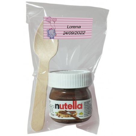 Nutella para bautizo con cuchara en bolsa transparente personalizada con adhesivo elefante rosa