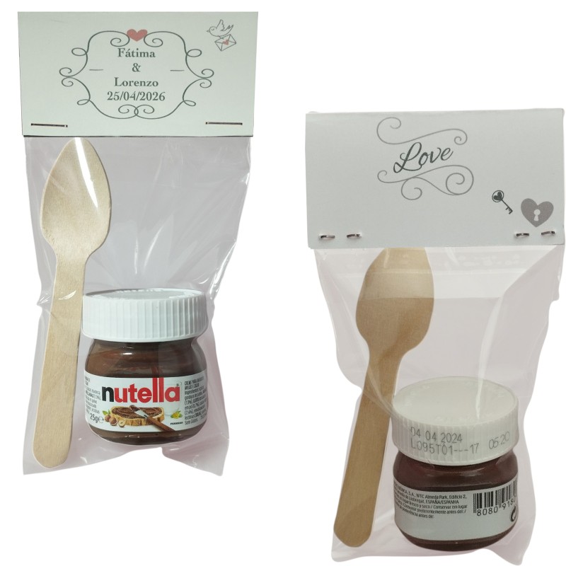 Nutella con Cuchara Presentada en Bolsa Transparente con Cartón Love Personalizado Nutella con Cuchara Presentada en Bolsa Transparente con Cartón Love Personalizado