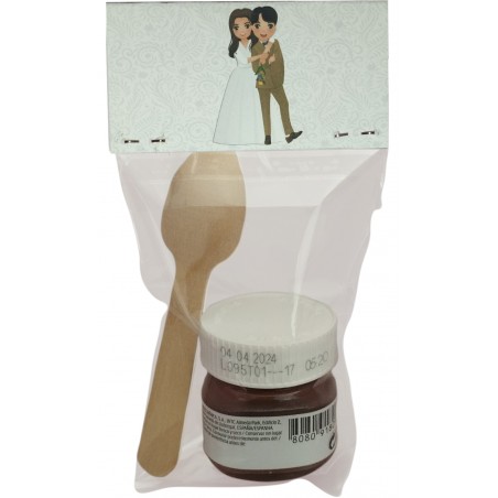Nutella con cuchara presentada en bolsa transparente con cartón personalizado