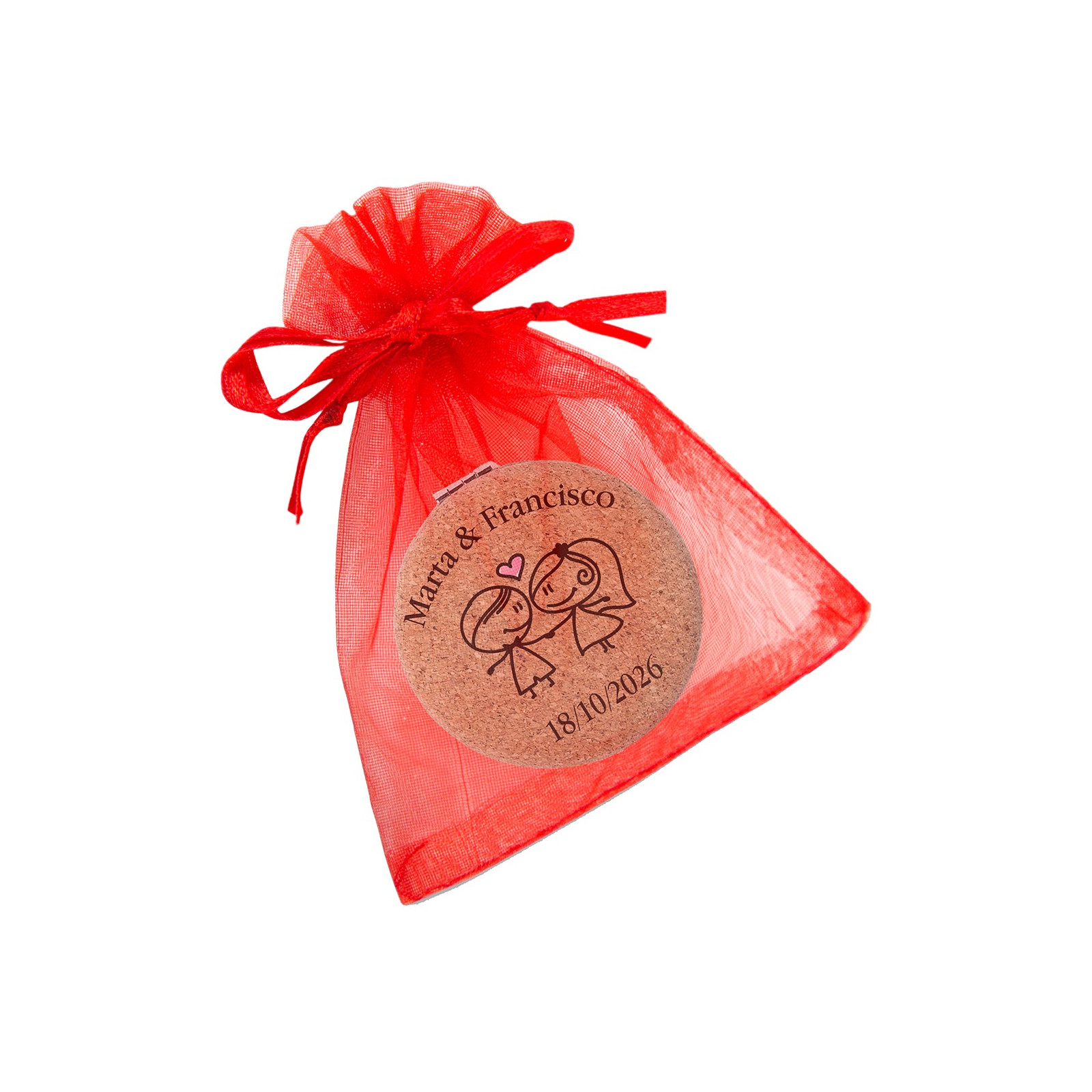 Espejo personalizado para boda con nombre y fecha presentado en bolsa de organza roja