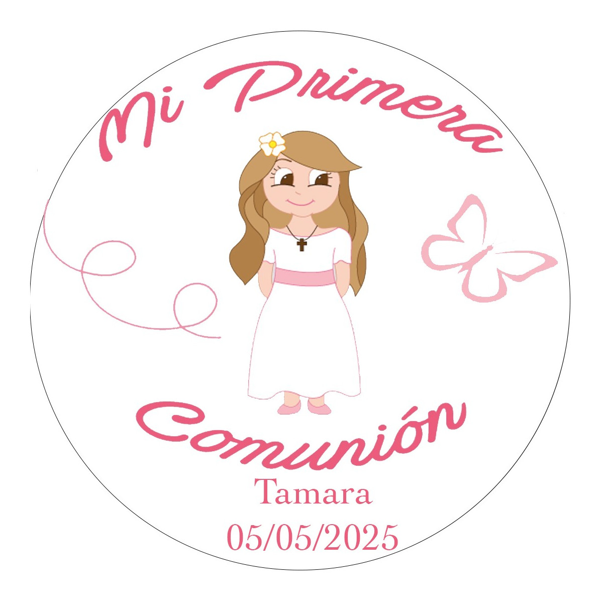 Adhesivo niña de comunión redondo personalizado con nombre y fecha
