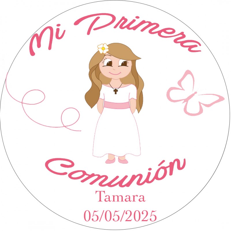 Adhesivo Niña de Comunión Redondo Personalizado con Nombre y Fecha Adhesivo Niña de Comunión Redondo Personalizado con Nombre y Fecha