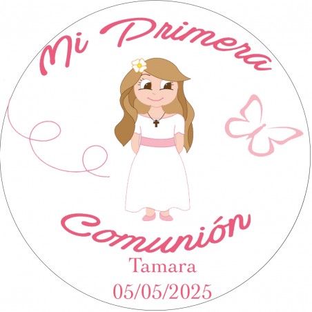 Adhesivo Niña de Comunión Redondo Personalizado con...
