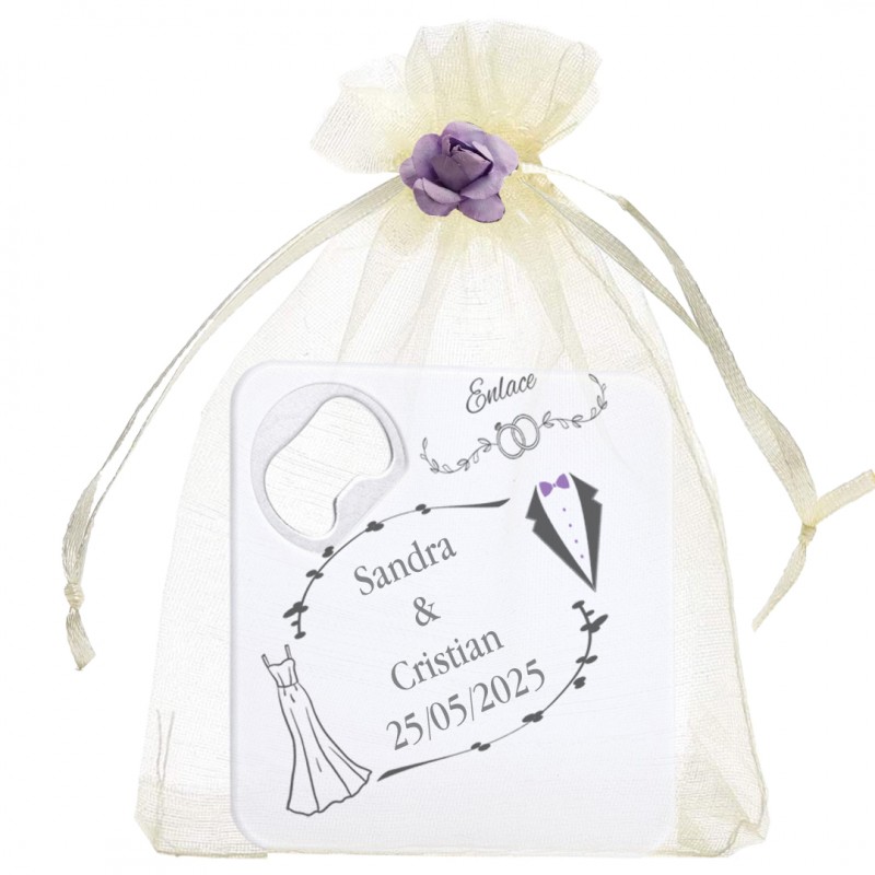 Posavasos Abridor Grabado para Boda en Bolsa de Organza Posavasos Abridor Grabado para Boda en Bolsa de Organza