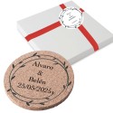 Posavasos Corcho Personalizado con Nombre de Invitado y Novios en Caja Regalo