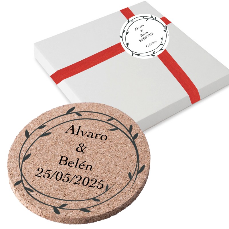 Posavasos Corcho Personalizado con Nombre de Invitado y Novios en Caja Regalo Posavasos Corcho Personalizado con Nombre de Invitado y Novios en Caja Regalo