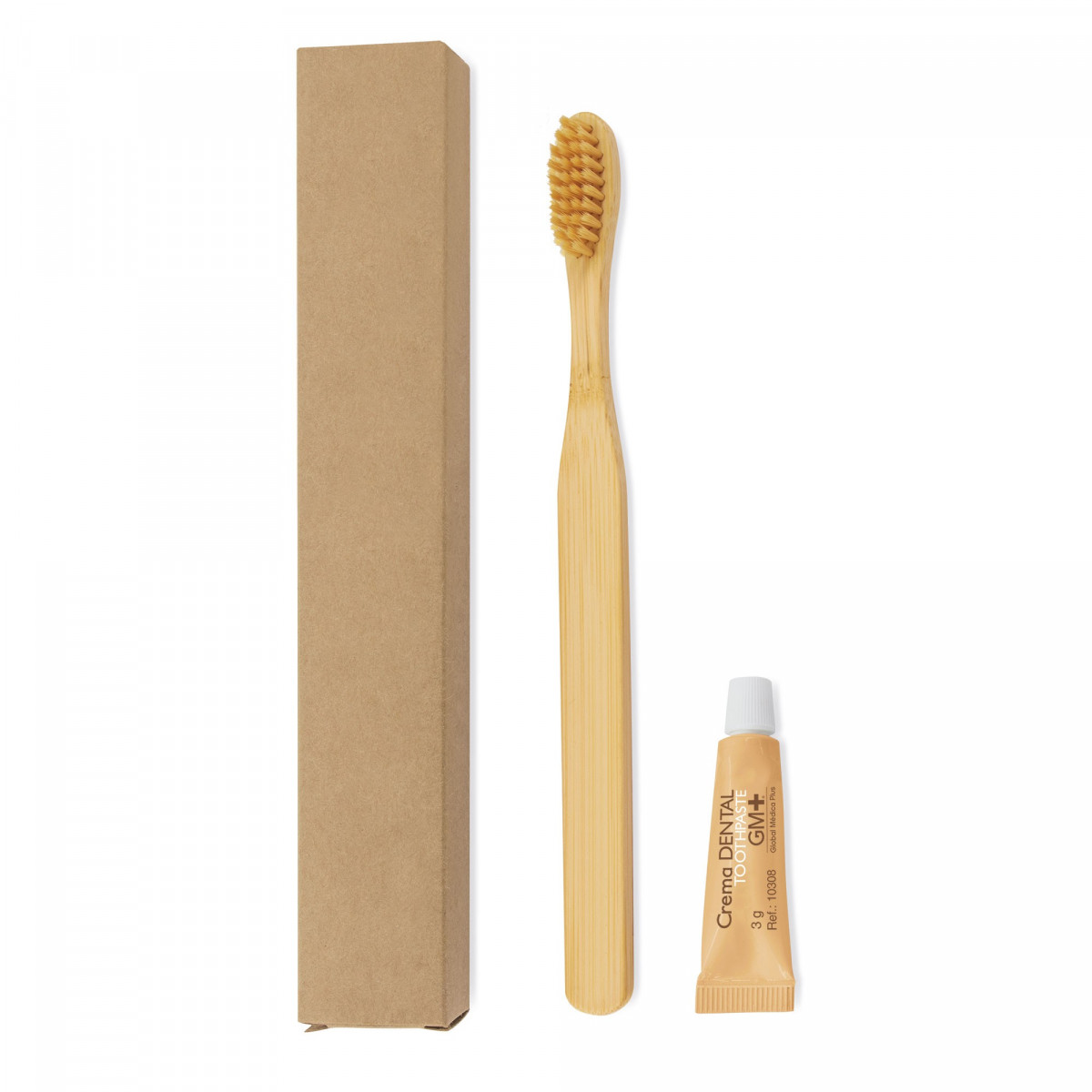 Cepillo de dientes de bambú y pasta dentífrica presentado con caja