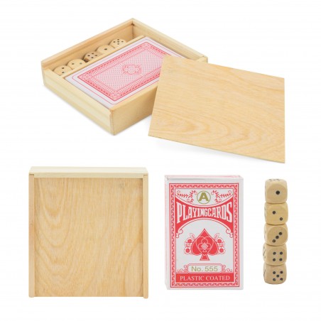 Baraja de cartas y dados en caja de madera