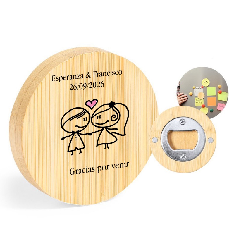 Abridor personalizado con nombre de novios y frase de agradecimiento para bodas