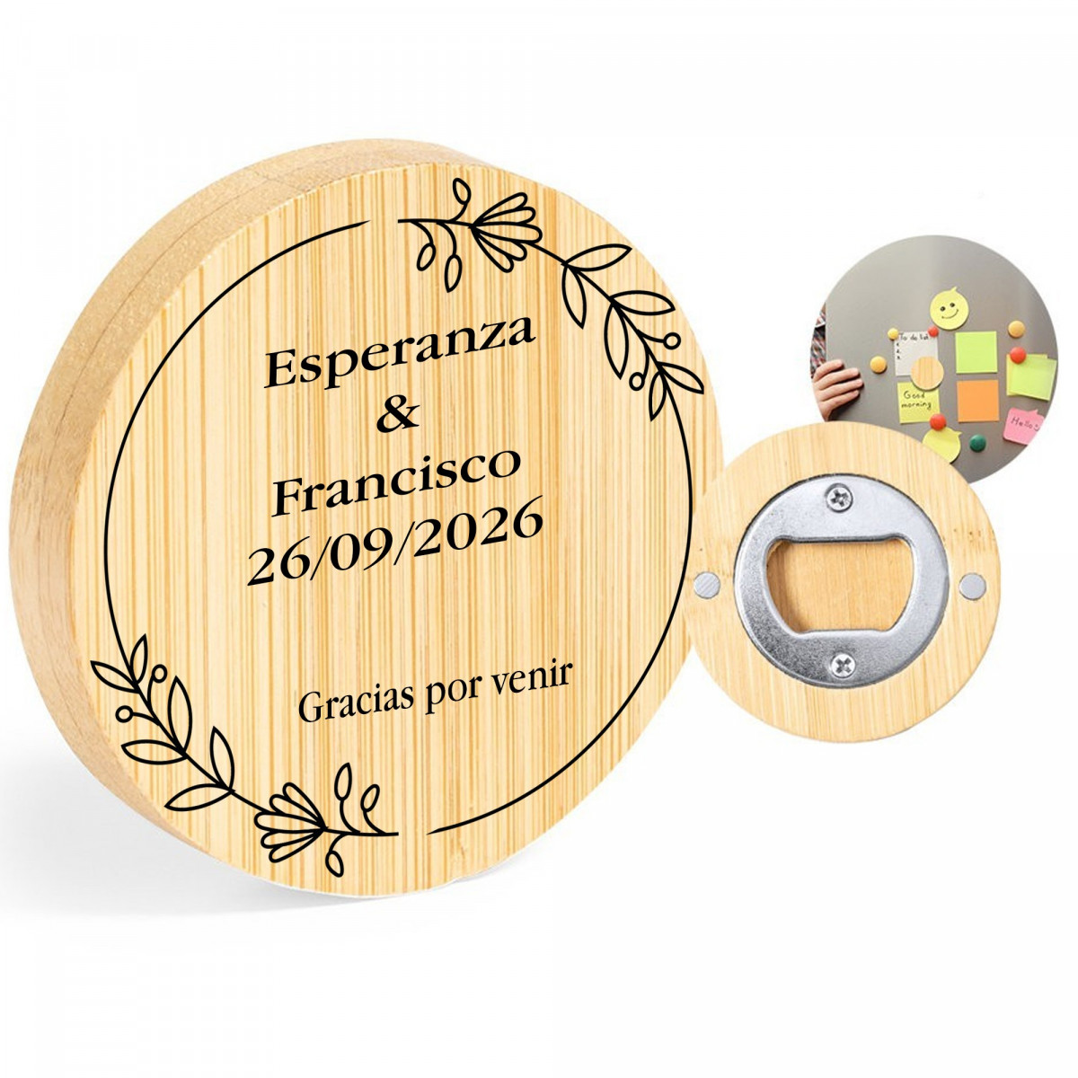 Abridor personalizado con nombre de los novios y frase de agradecimiento para detalles de boda, bautizo y comunion