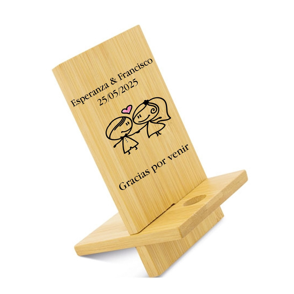 Soporte para móvil personalizado con nombres y dedicatoria para bodas
