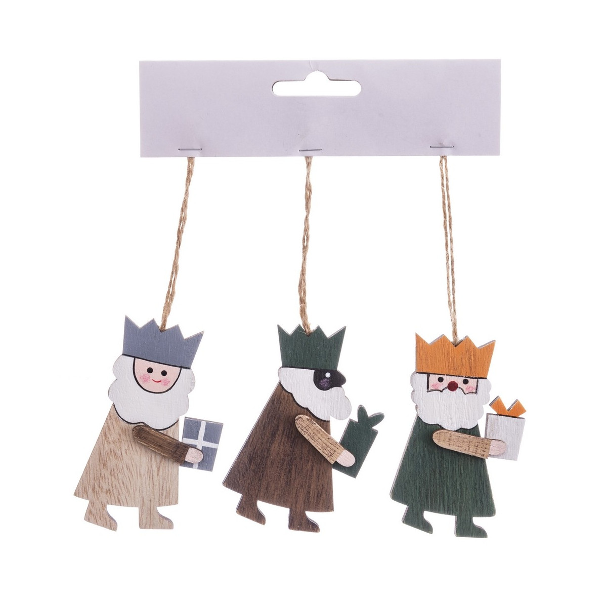 Set de 3 figuras de madera para arbol de navidad en forma de reyes magos