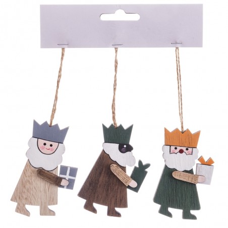 Set de 3 figuras de madera para arbol de navidad en forma de reyes magos