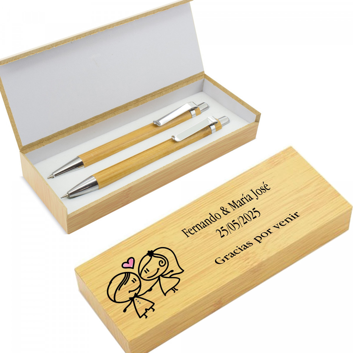 Bolígrafo y portaminas de bambú en caja personalizada con nombres y dedicatoria