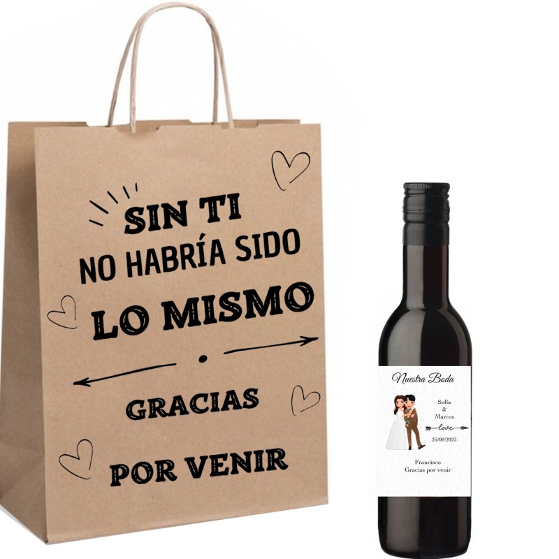 Vino Personalizado con Nombre de Invitado y Novios Presentado en Bolsa con Dedicatoria Vino Personalizado con Nombre de Invitado y Novios Presentado en Bolsa con Dedicatoria